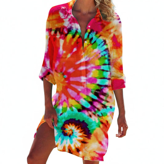 Femme Robe Chemise de Plage Longue Manche avec Col en V et Imprimé
