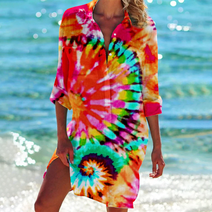 Women's Long Sleeve Beach Shirt Dress with V-Neck and Print - 2