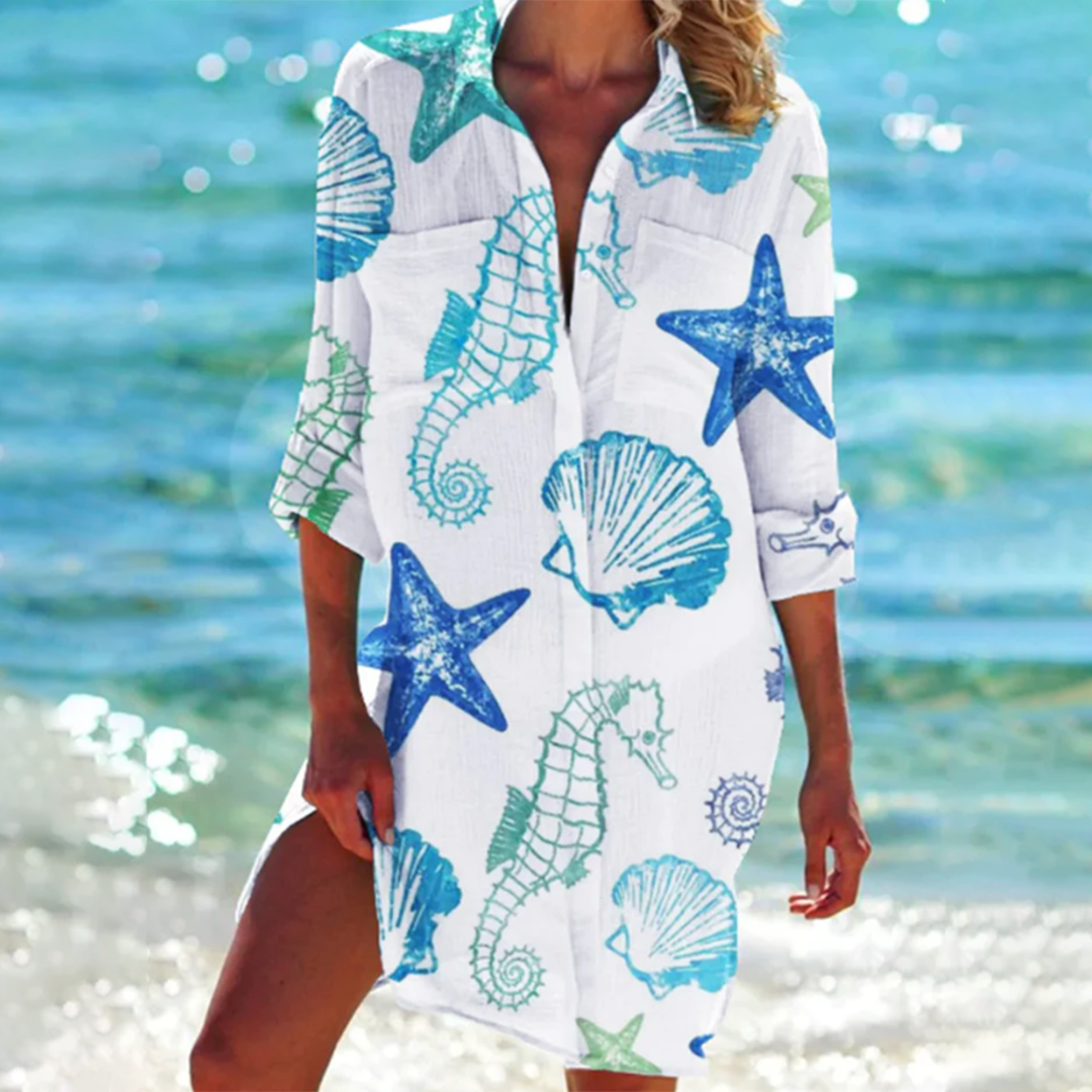 Femme Robe Chemise de Plage Longue Manche avec Col en V et Imprimé