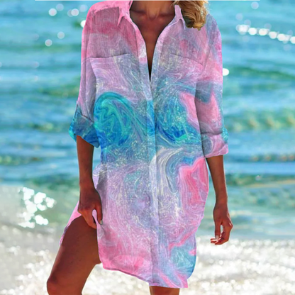 Women's Long Sleeve Beach Shirt Dress with V-Neck and Print - 6