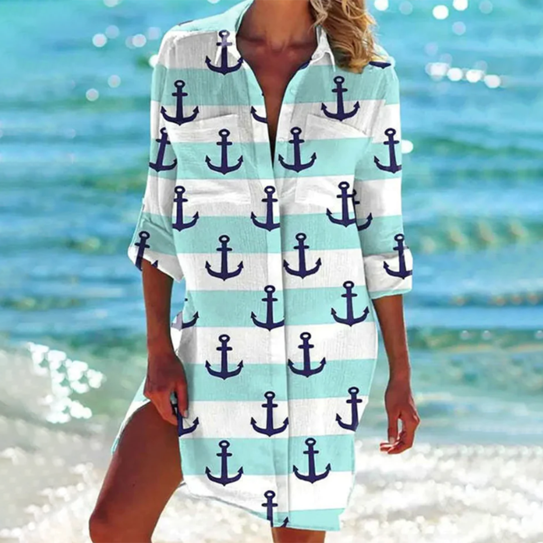Femme Robe Chemise de Plage Longue Manche avec Col en V et Imprimé