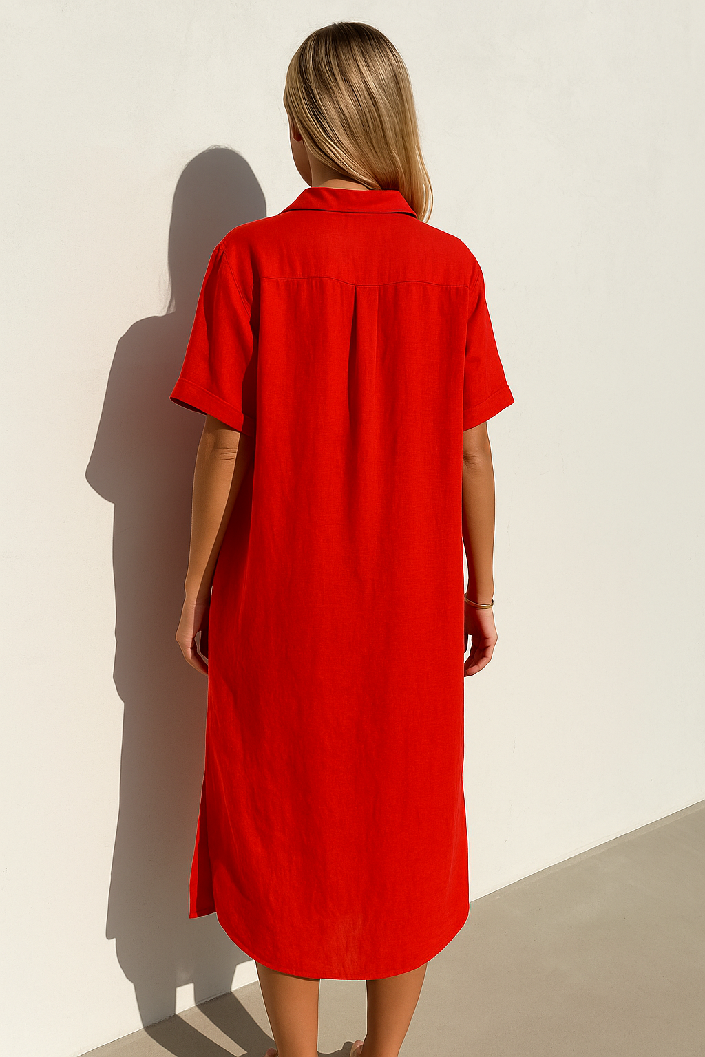 Femme Robe Chemise Longue Manches Courtes col Chemisier et Boutonnage Devant