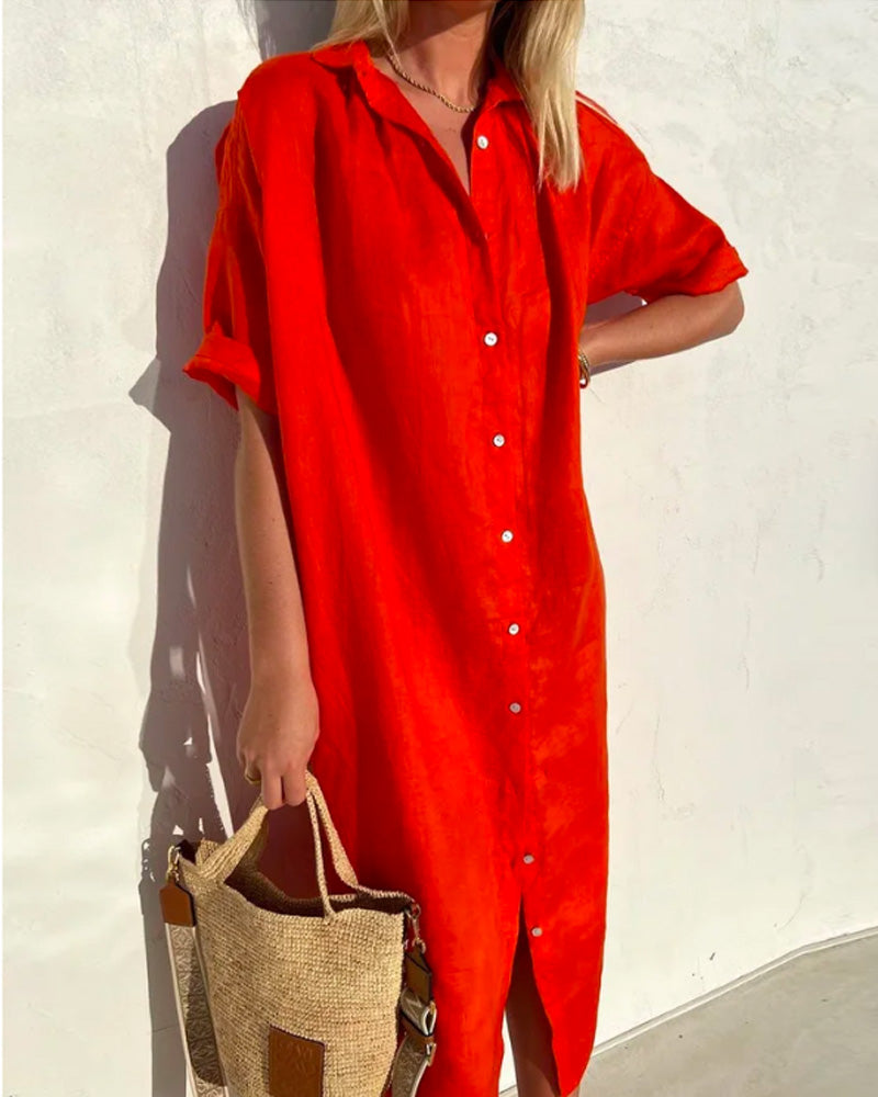 Femme Robe Chemise Longue Manches Courtes col Chemisier et Boutonnage Devant