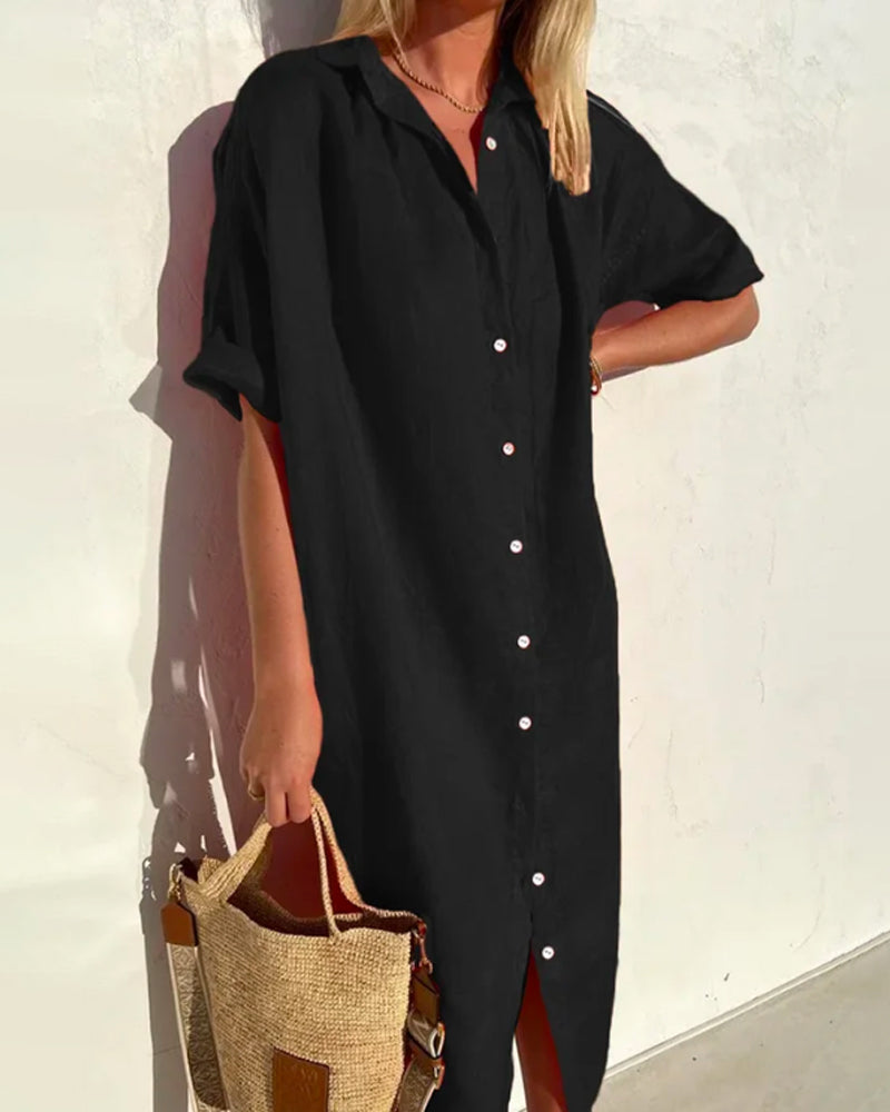 Women's Long Short Sleeve Shirt Dress with Shirt Collar and Front Buttoning - 5