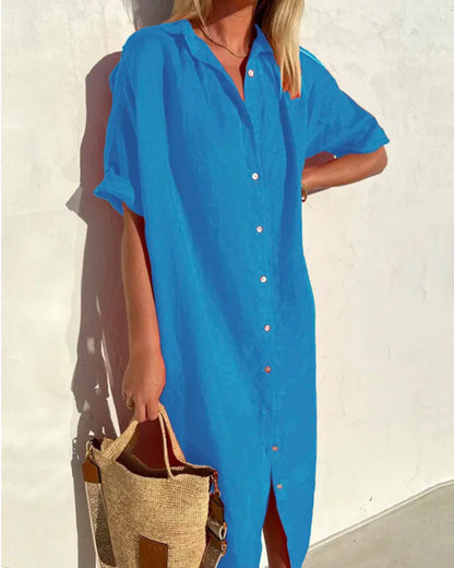 Women's Long Short Sleeve Shirt Dress with Shirt Collar and Front Buttoning - 6