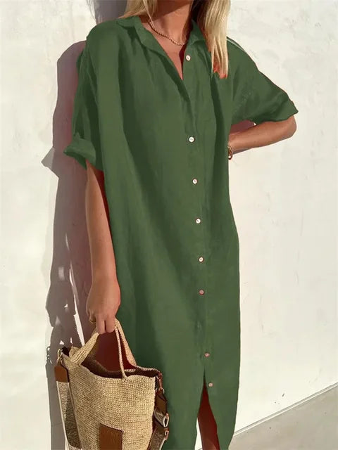 Women's Long Short Sleeve Shirt Dress with Shirt Collar and Front Buttoning - 7