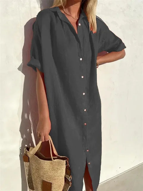 Femme Robe Chemise Longue Manches Courtes col Chemisier et Boutonnage Devant
