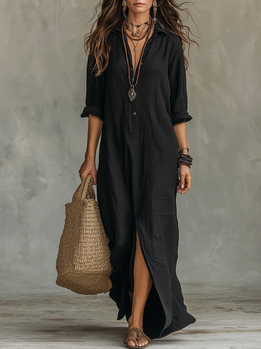 Women's Long Bohemian Style Shirt Dress with Shirt Collar and Slit - 2