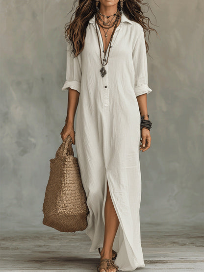 Women's Long Bohemian Style Shirt Dress with Shirt Collar and Slit - 3
