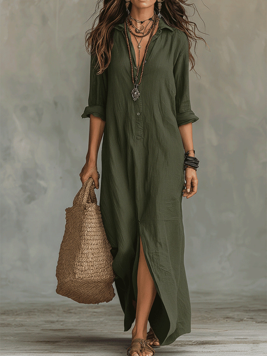 Femme Robe Chemise Longue Style Bohème avec Col Chemise et Fente
