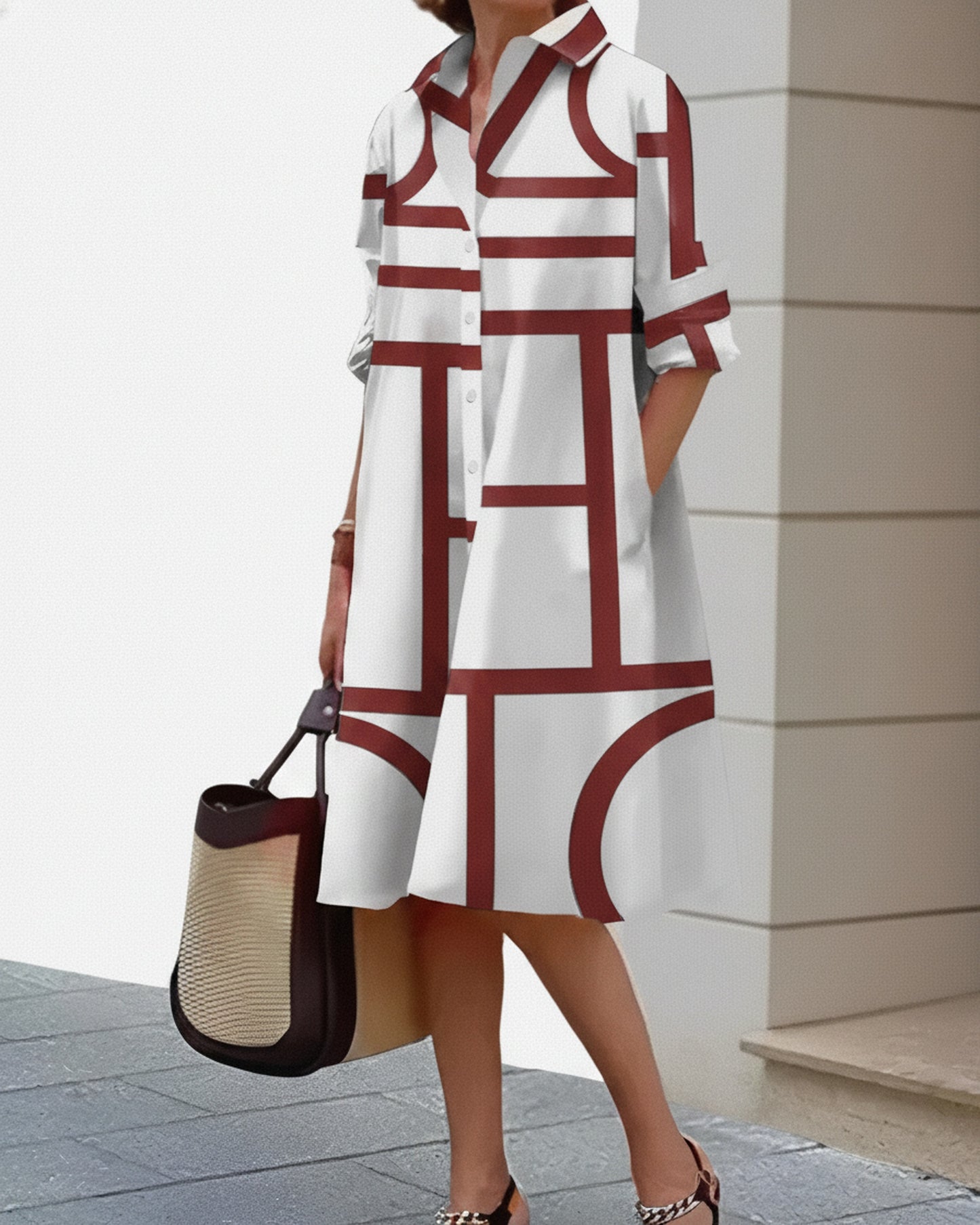 Femme Robe Chemise Midi à Imprimé Géométrique avec Col et Poches