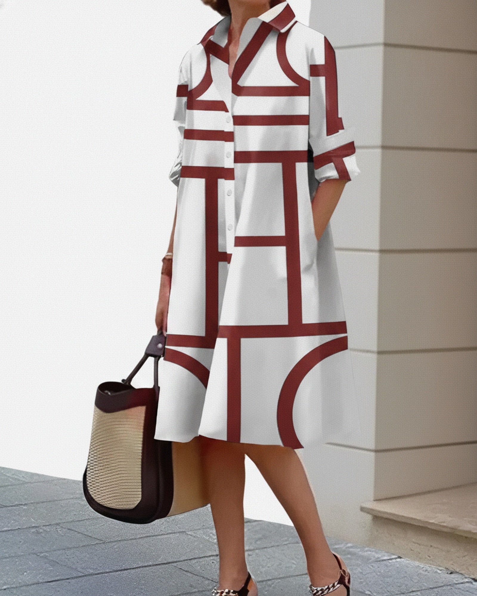Femme Robe Chemise Midi à Imprimé Géométrique avec Col et Poches