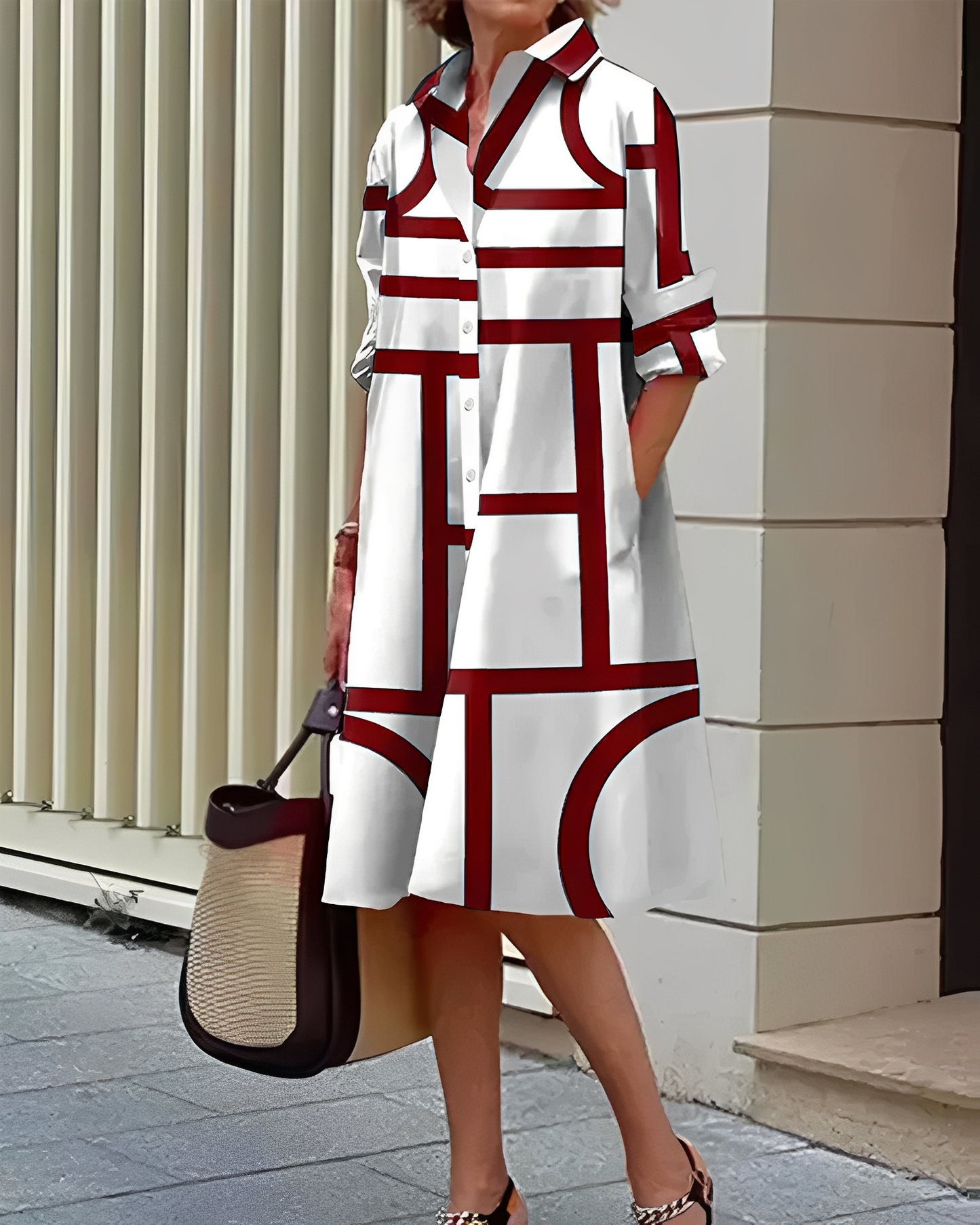 Femme Robe Chemise Midi à Imprimé Géométrique avec Col et Poches