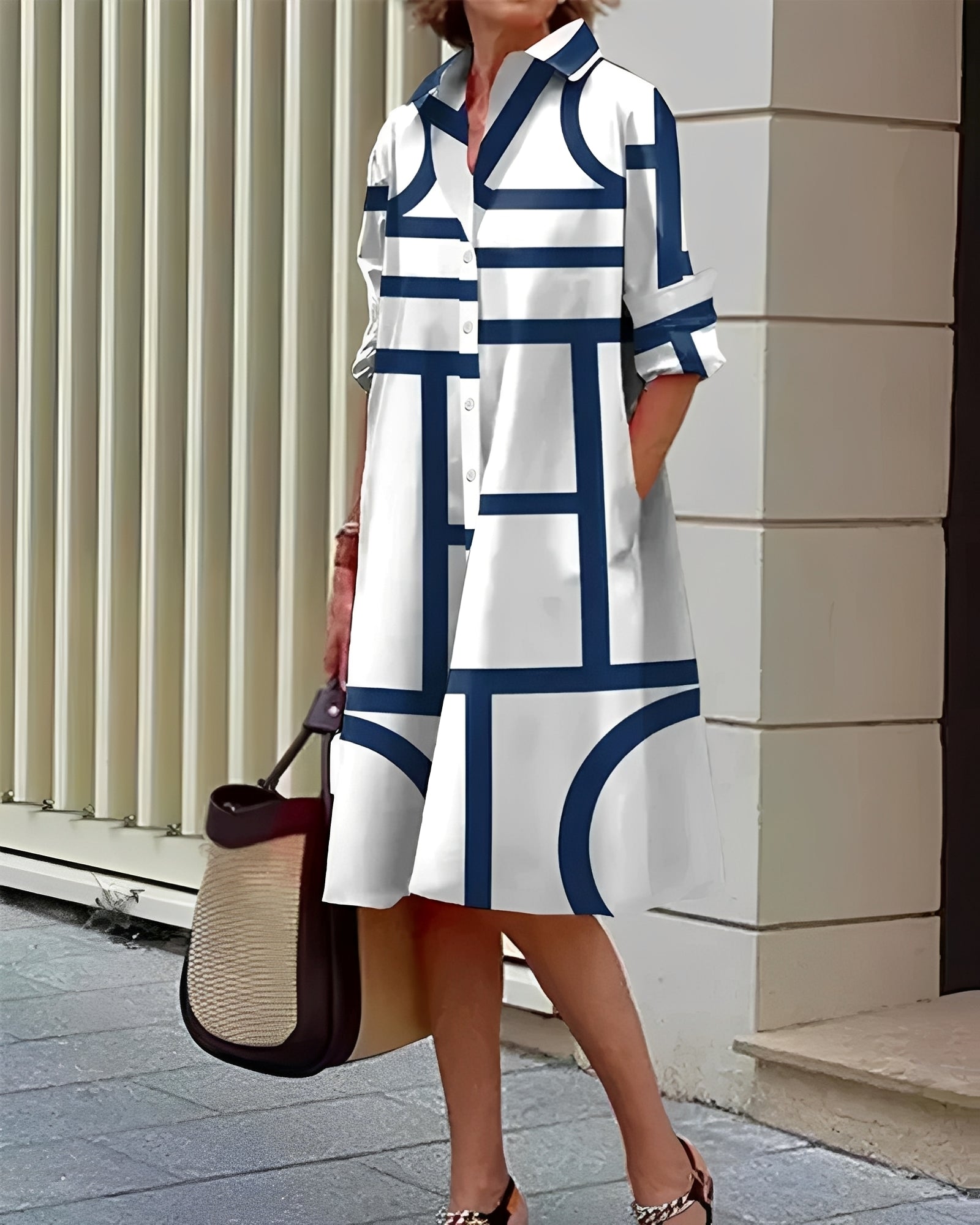 Women's Midi Shirt Dress with Geometric Print, Collar, and Pockets - 3