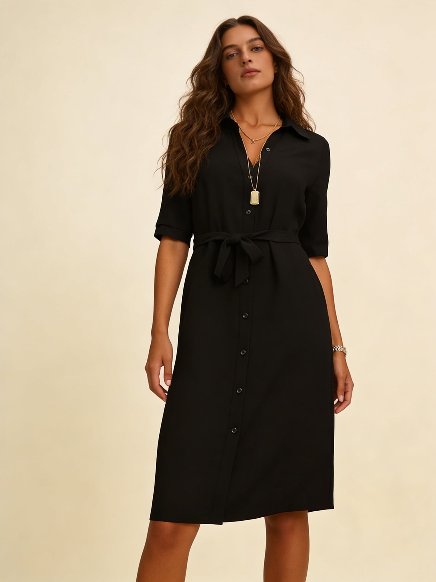 Femme Robe Chemise Midi avec Col et Ceinture à Nouer 1