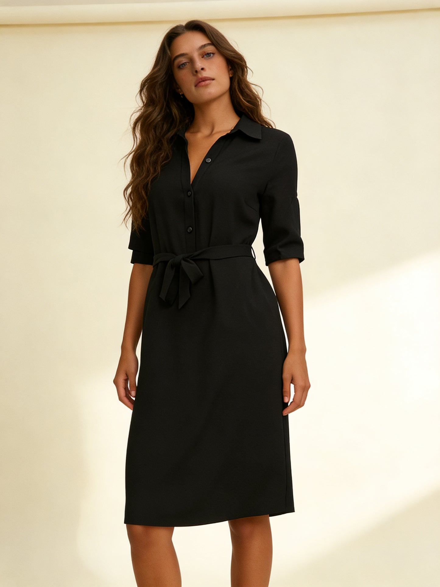 Femme Robe Chemise Midi avec Col et Ceinture à Nouer 2