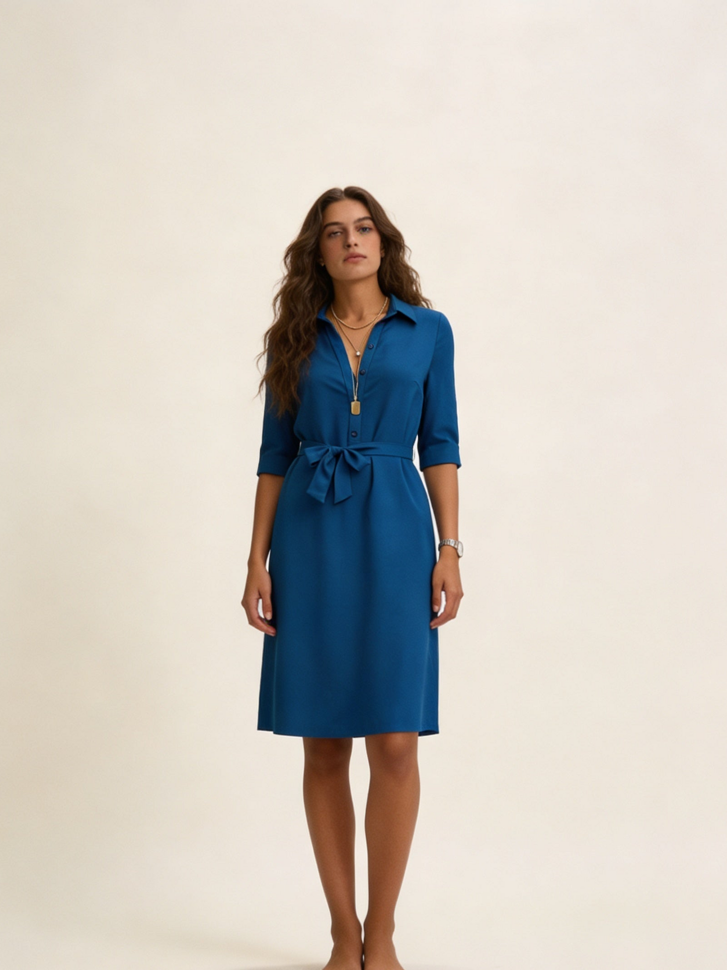 Femme Robe Chemise Midi avec Col et Ceinture à Nouer 3