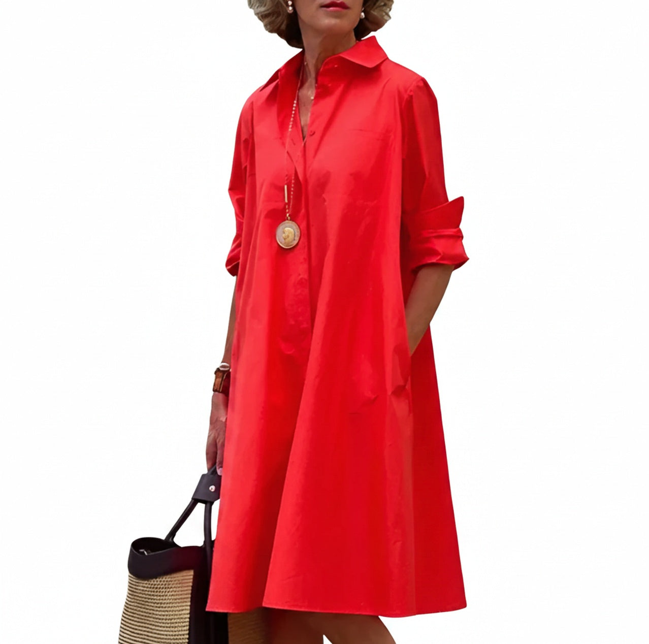 Femme Robe Chemise Midi Manches Trois-Quarts col V et Poches Oversize