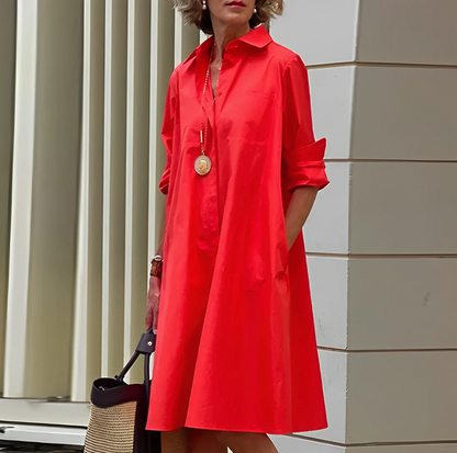 Femme Robe Chemise Midi Manches Trois-Quarts col V et Poches Oversize
