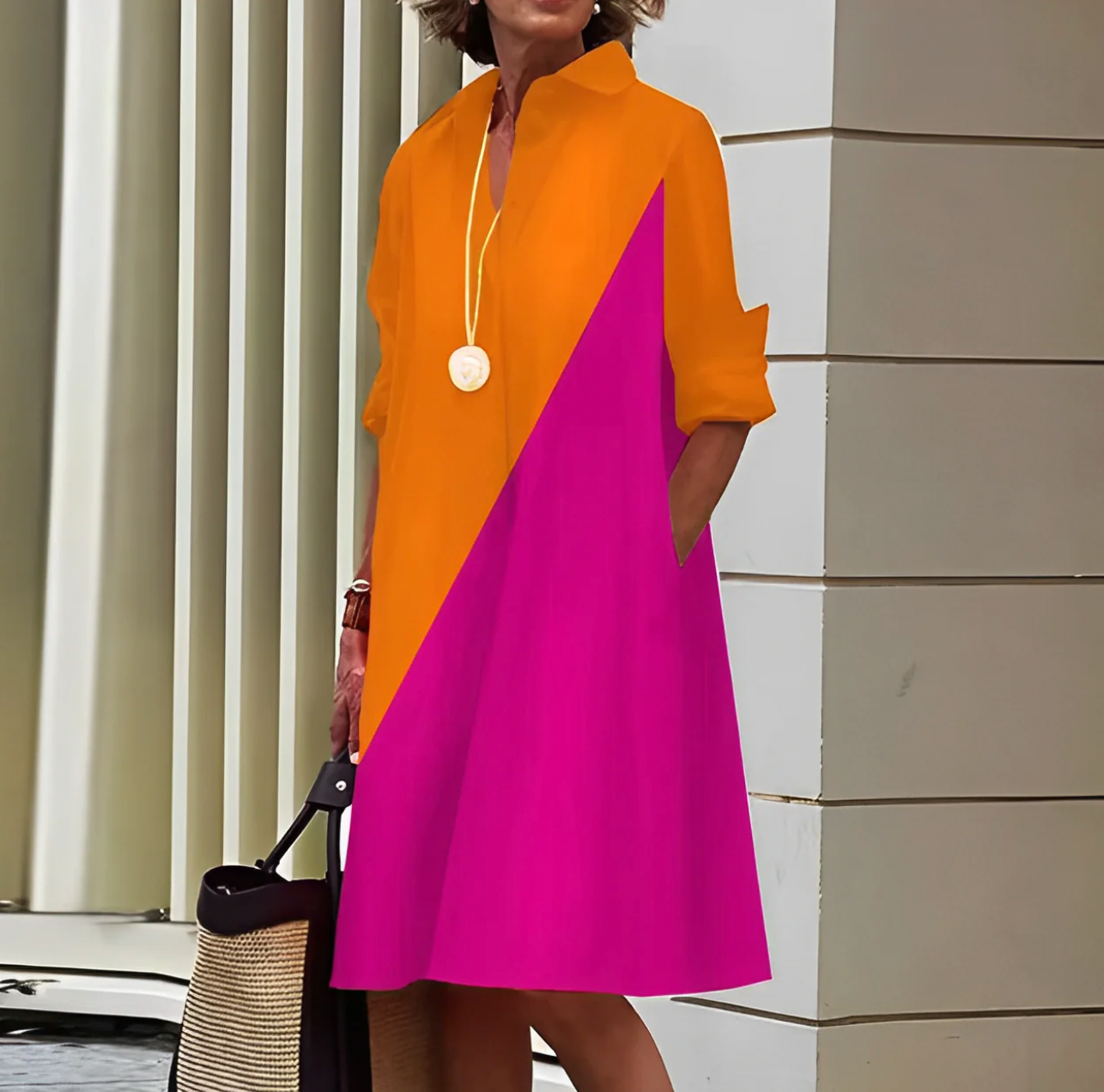 Femme Robe Chemise Midi Manches Trois-Quarts col V et Poches Oversize