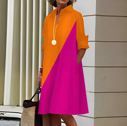Femme Robe Chemise Midi Manches Trois-Quarts col V et Poches Oversize