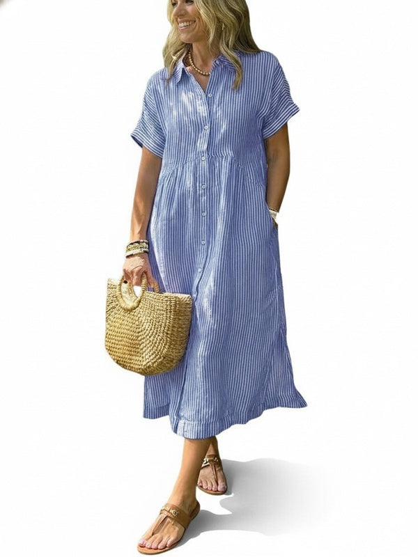 Femme Robe Chemise Midi Rayée Manches Courtes avec Col et Poches Latérales