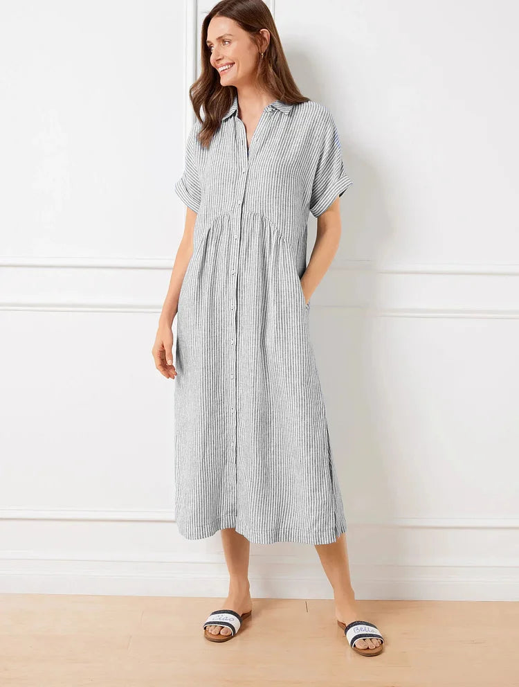 Femme Robe Chemise Midi Rayée Manches Courtes avec Col et Poches Latérales