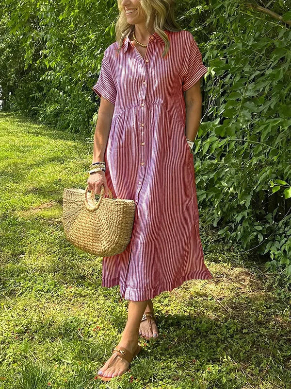 Femme Robe Chemise Midi Rayée Manches Courtes avec Col et Poches Latérales