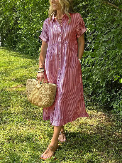 Femme Robe Chemise Midi Rayée Manches Courtes avec Col et Poches Latérales