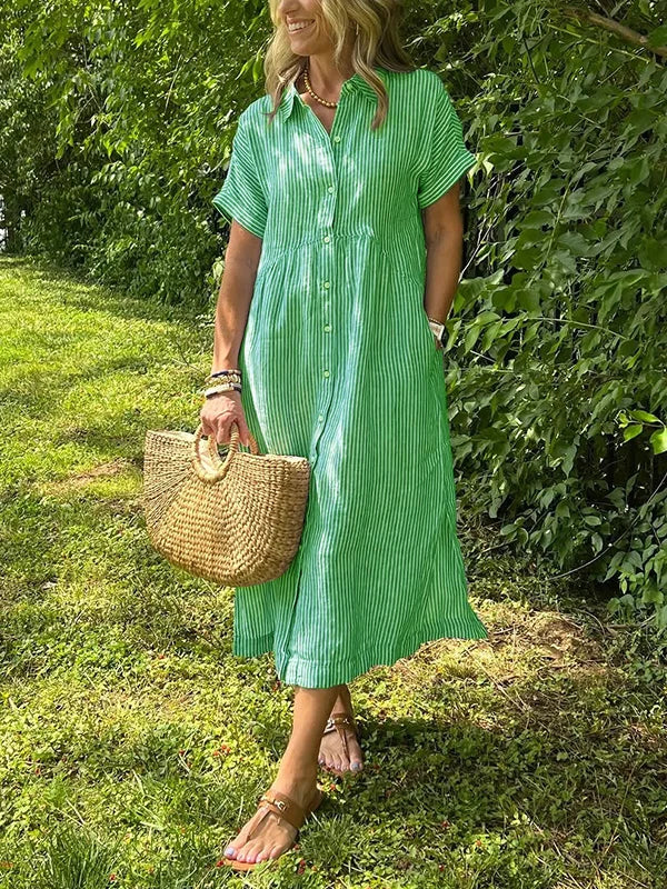 Femme Robe Chemise Midi Rayée Manches Courtes avec Col et Poches Latérales