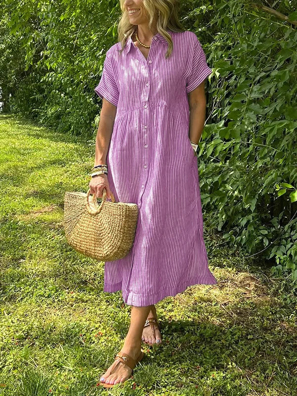 Femme Robe Chemise Midi Rayée Manches Courtes avec Col et Poches Latérales