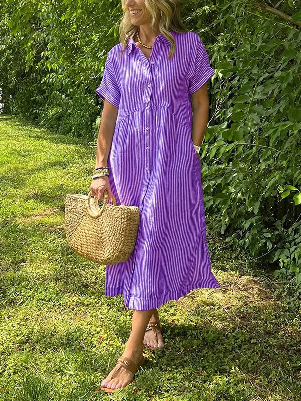 Femme Robe Chemise Midi Rayée Manches Courtes avec Col et Poches Latérales