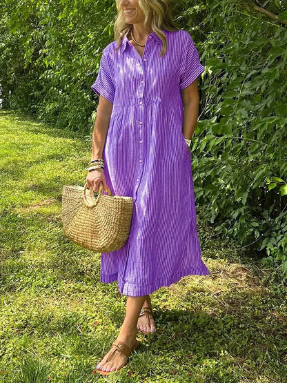 Femme Robe Chemise Midi Rayée Manches Courtes avec Col et Poches Latérales