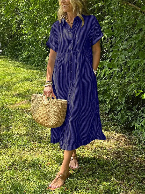 Femme Robe Chemise Midi Rayée Manches Courtes avec Col et Poches Latérales