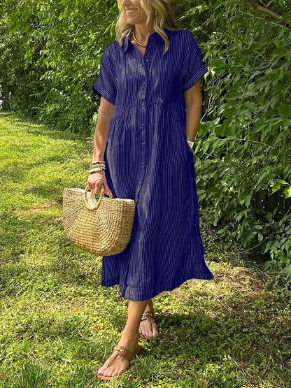 Femme Robe Chemise Midi Rayée Manches Courtes avec Col et Poches Latérales