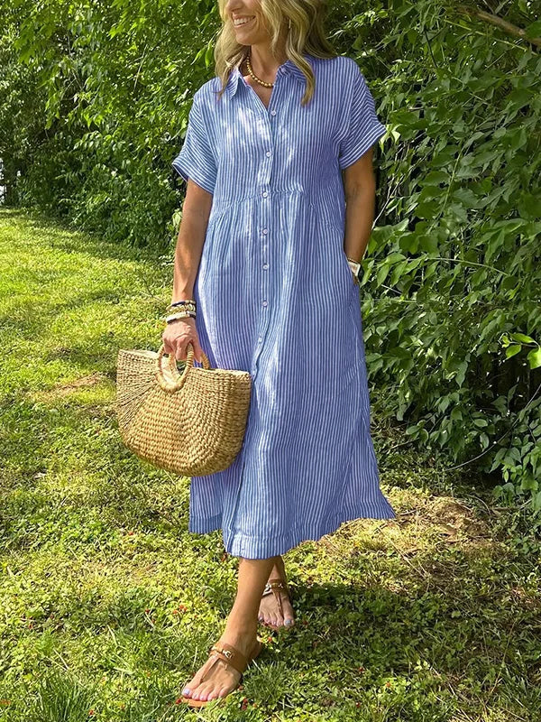 Femme Robe Chemise Midi Rayée Manches Courtes avec Col et Poches Latérales
