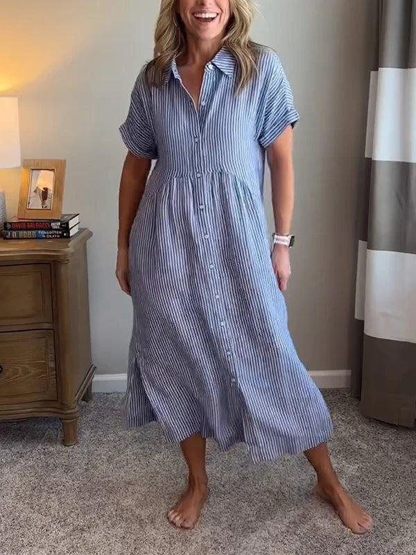 Femme Robe Chemise Midi Rayée Manches Courtes avec Col et Poches Latérales