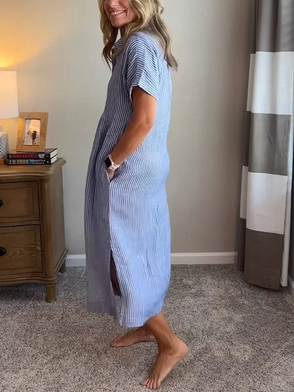 Femme Robe Chemise Midi Rayée Manches Courtes avec Col et Poches Latérales