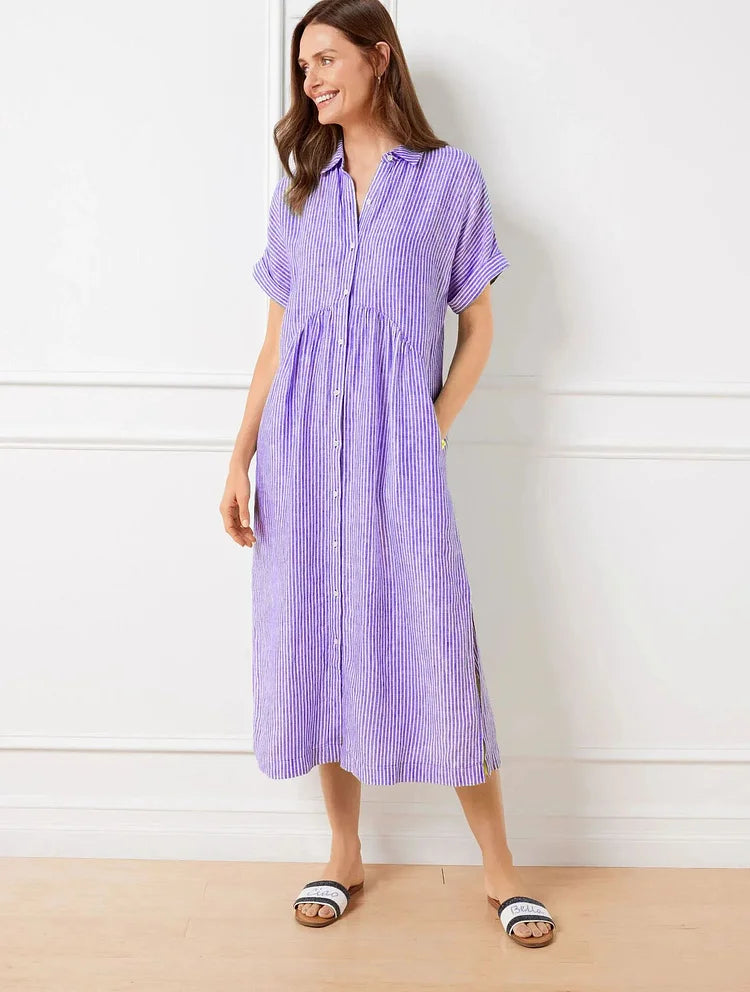 Femme Robe Chemise Midi Rayée Manches Courtes avec Col et Poches Latérales