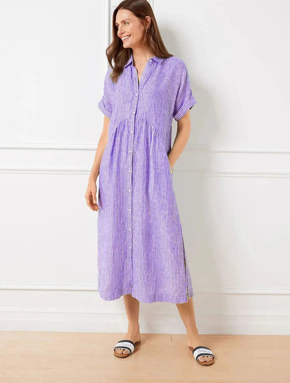 Femme Robe Chemise Midi Rayée Manches Courtes avec Col et Poches Latérales