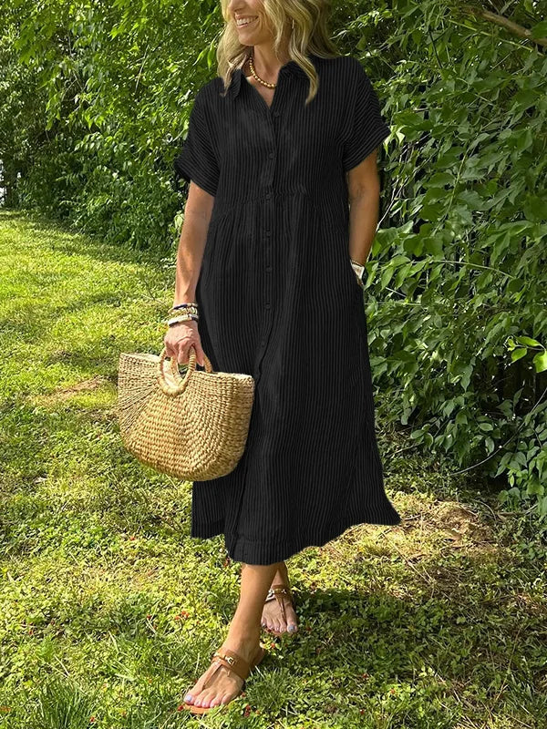 Femme Robe Chemise Midi Rayée Manches Courtes avec Col et Poches Latérales