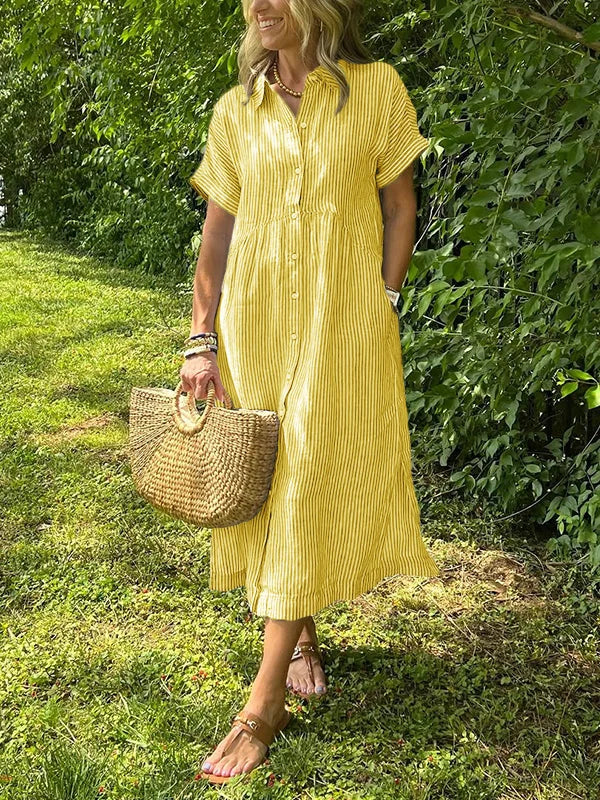 Femme Robe Chemise Midi Rayée Manches Courtes avec Col et Poches Latérales