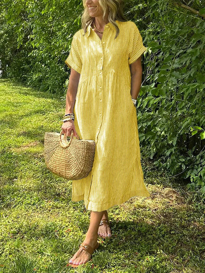 Femme Robe Chemise Midi Rayée Manches Courtes avec Col et Poches Latérales