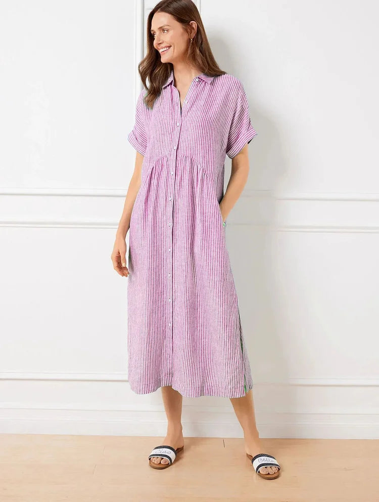 Femme Robe Chemise Midi Rayée Manches Courtes avec Col et Poches Latérales