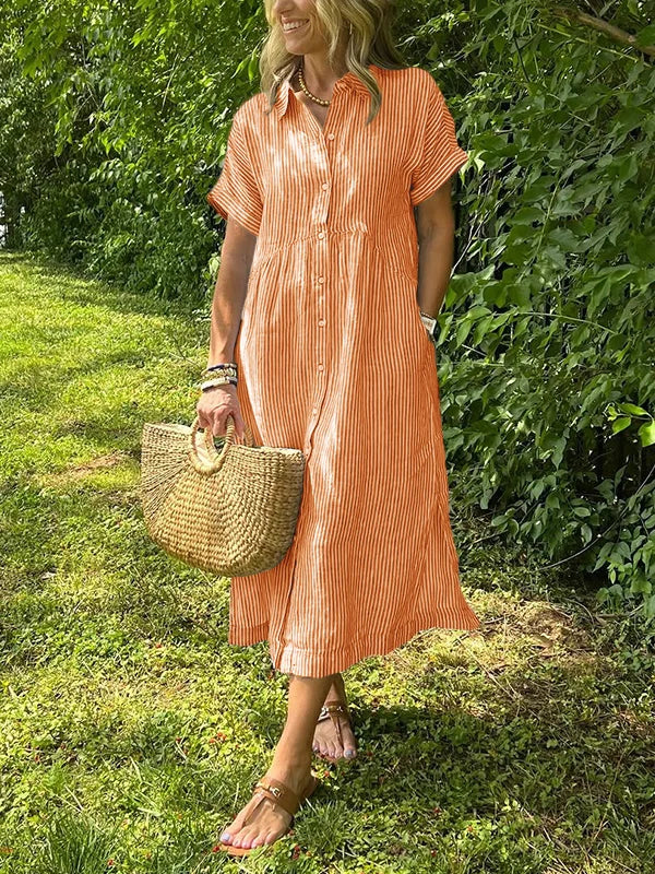 Femme Robe Chemise Midi Rayée Manches Courtes avec Col et Poches Latérales