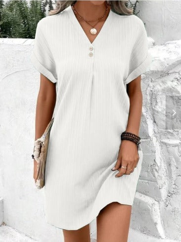 Femme Robe Courte à Col en V avec Boutons et Manches Courtes Retroussées