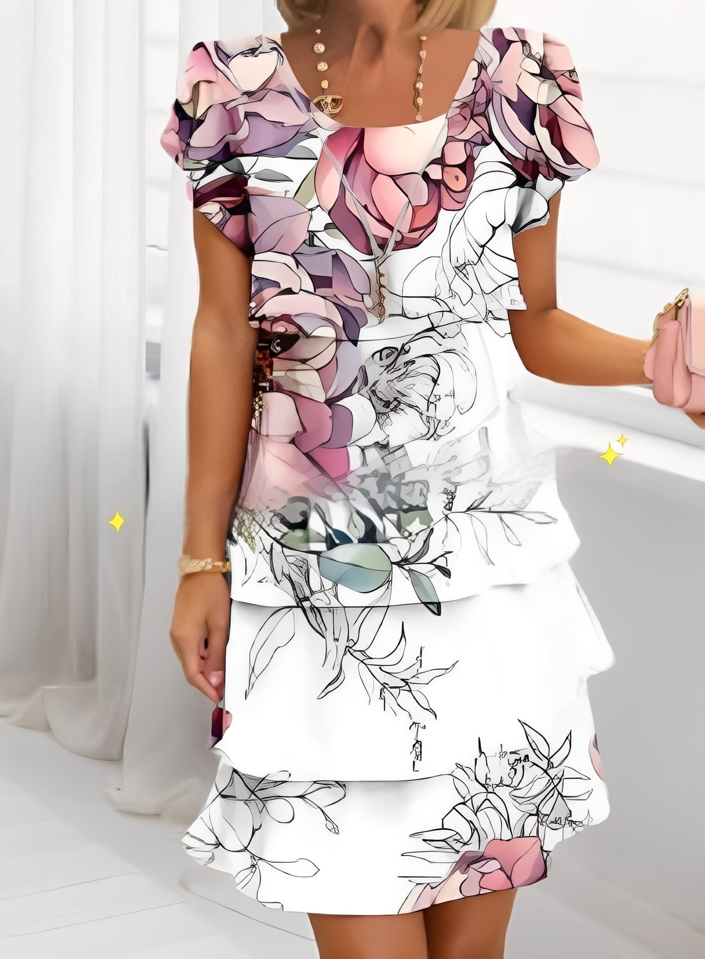 Femme Robe Courte à Volants Manches Courtes avec Imprimé