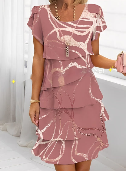 Women's Short Ruffled Dress with Short Sleeves and Print - 5