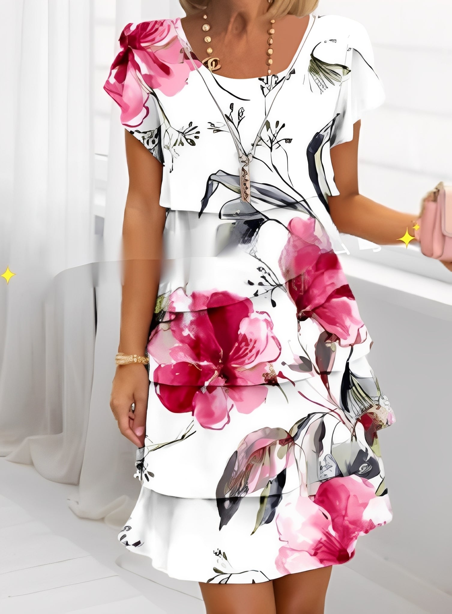 Women's Short Ruffled Dress with Short Sleeves and Print - 9