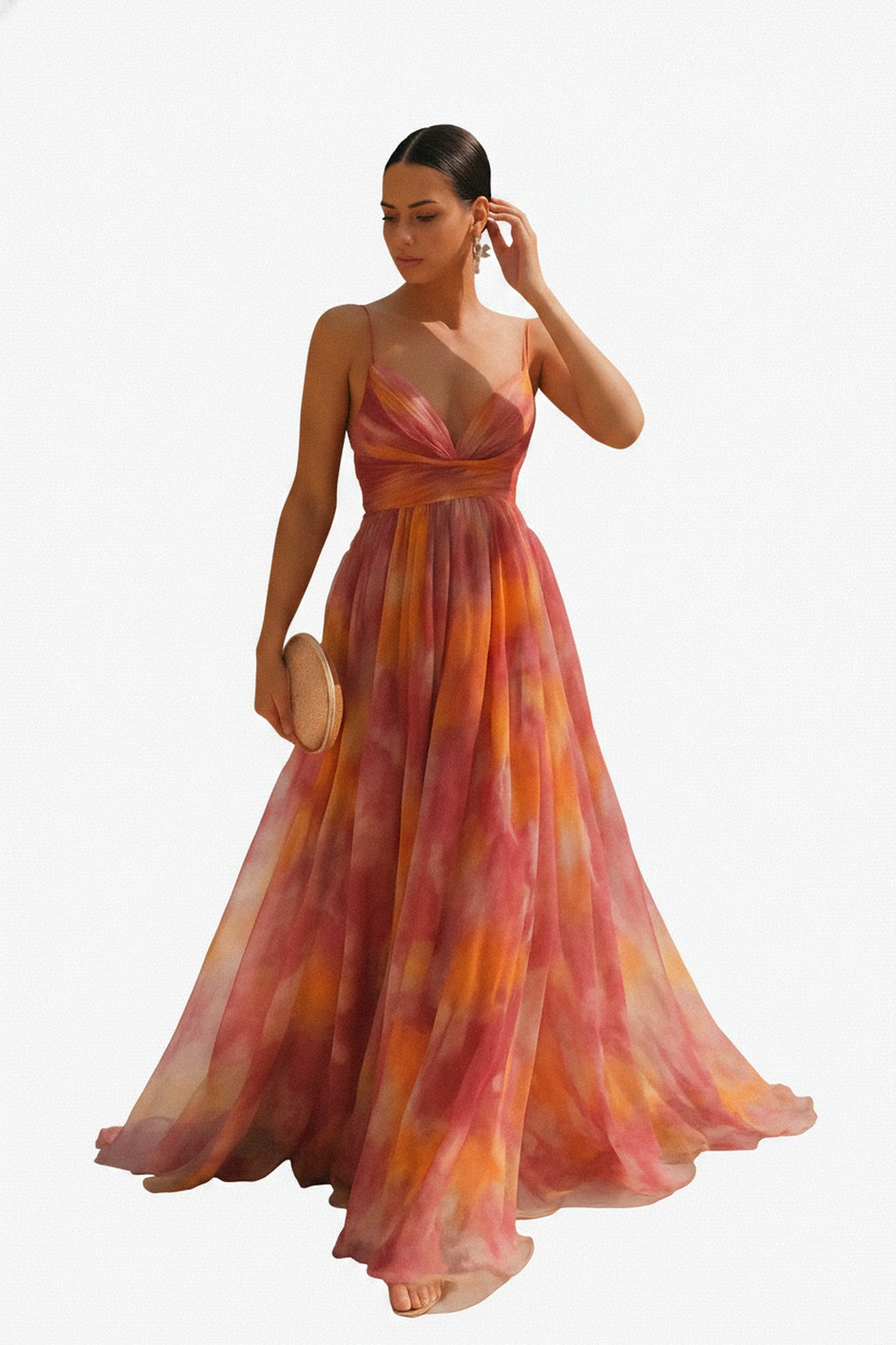 Femme Robe de Soirée Longue à Fines Bretelles et Décolleté en V Ligne A Imprimé Fleuri